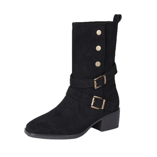 Damen Modische Stiefeletten mit verstellbaren Riemen und robustem Blockabsatz EB