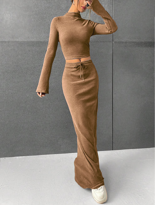Damen Elegantes und komfortables Crop-Top mit langem Ärmel und Maxi-Rock EB