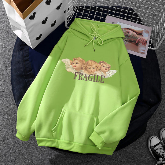 Damen nan leichter Oversize Kapuzenpullover mit Herz‑EKG‑Motiv, langen Kordeln und elastischem Bund EB