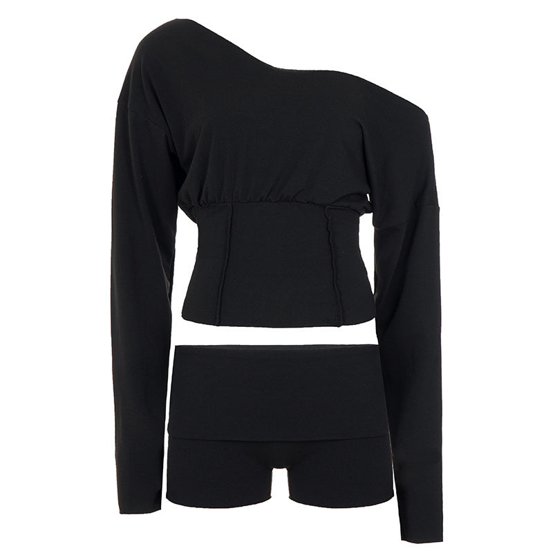 Damen nan asymmetrisches einschulteriges Lounge-Set mit tailliertem gerafftem Crop-Top und hochgeschnittenen Umschlag-Shorts EB