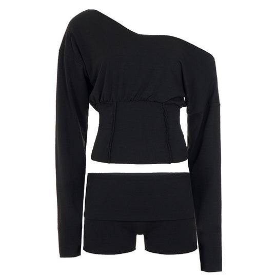 Damen nan asymmetrisches einschulteriges Lounge-Set mit tailliertem gerafftem Crop-Top und hochgeschnittenen Umschlag-Shorts EB