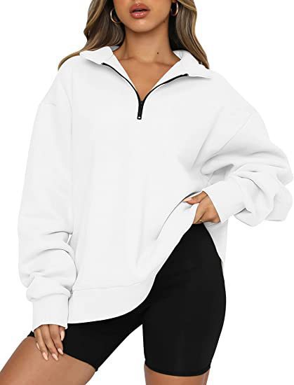 Damen nan oversized Sweatshirt mit halbem Reißverschluss, Stehkragen und überschnittener Schulter EB