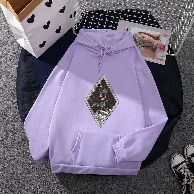 Damen nan Oversize Kapuzenpullover mit aufgenähter Wal-Patchapplikation, Kängurutasche und fleecegefüttertem Innenfutter EB