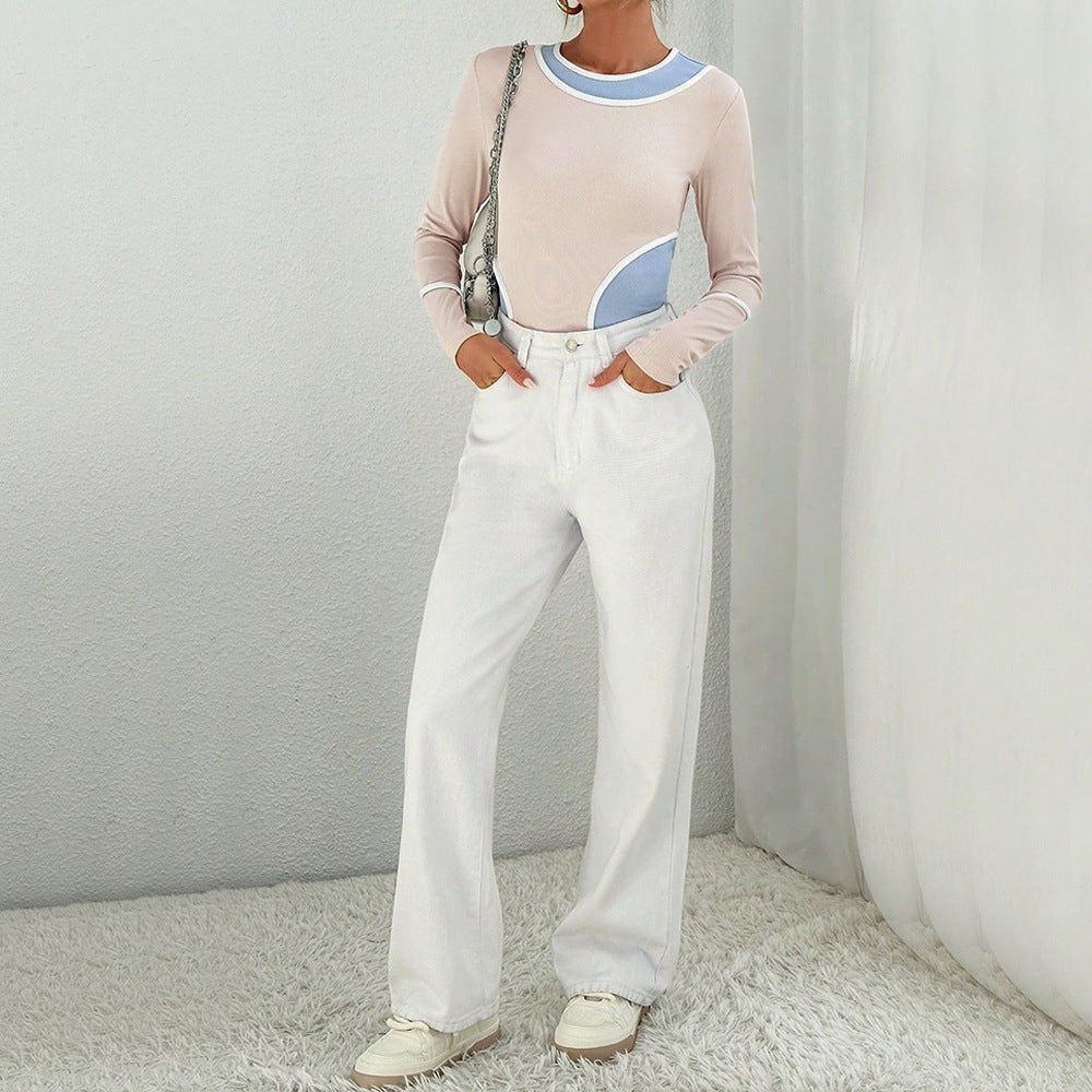 Damen figurbetontes Colorblock-Longsleeve mit Rundhalsausschnitt geschwungener Seitenpaneel‑Optik und feiner Rippstruktur Eichborn Berlin