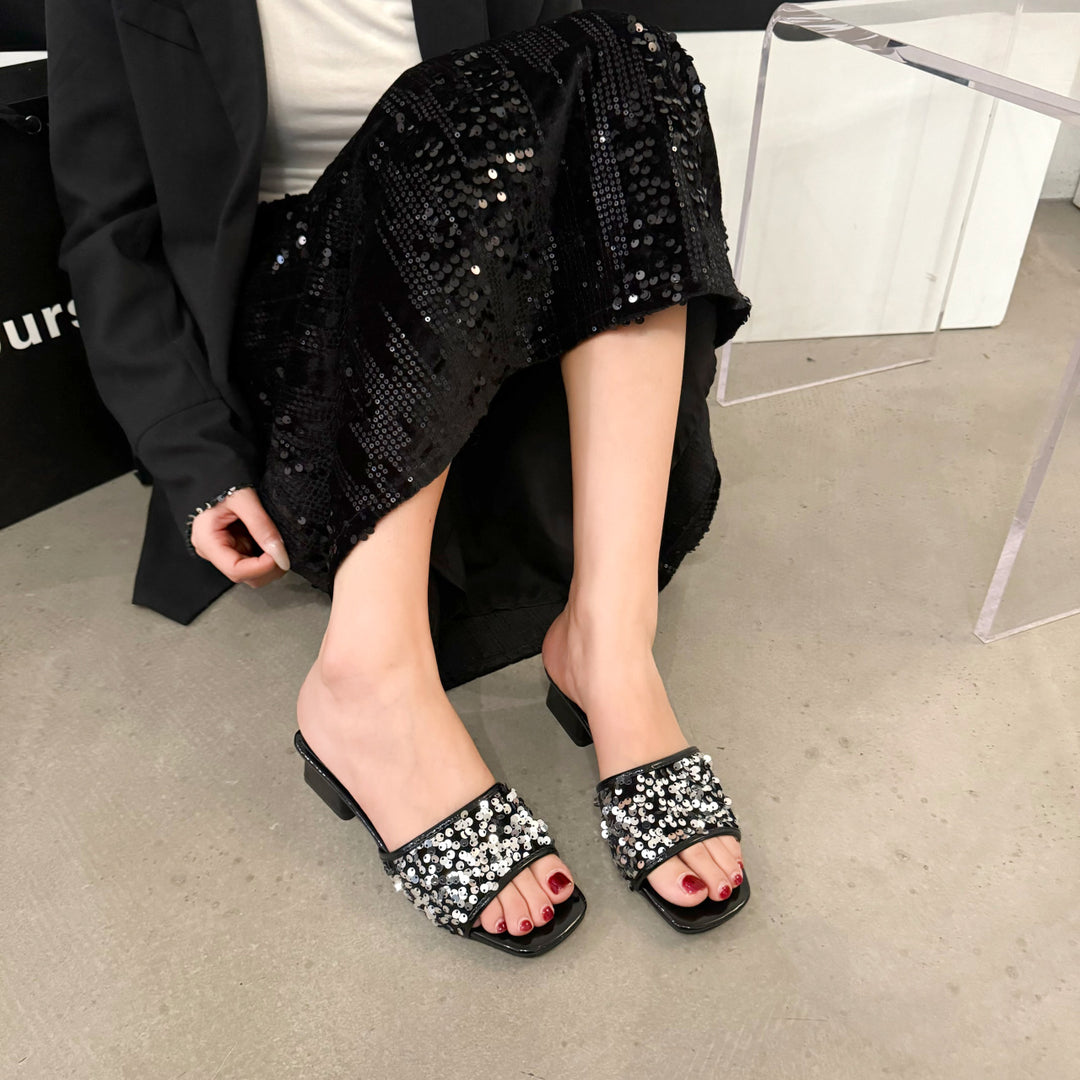 Damen elegante Mules mit funkelnden Pailletten EB