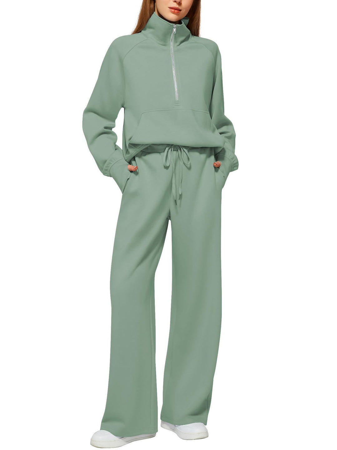 Damen nan halbzip Lounge-Set mit hohem Stehkragen, Kängurutasche und weiten Highwaist-Jogginghose EB