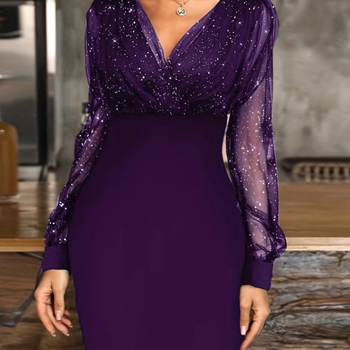 Damen Glitzerndes Cocktailkleid mit transparenten Ärmeln EB