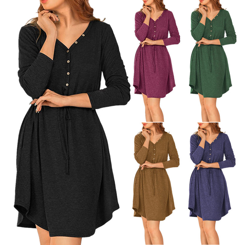 Damen lässiges Wickelkleid mit Knopfdetails und Taillenzug EB