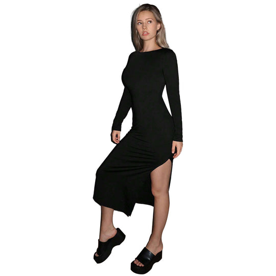 Damen langes figurbetontes Midikleid mit Boatneck, langen Ärmeln und seitlichem Beinschlitz Eichborn Berlin