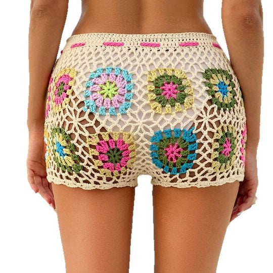 Damen Häkelshorts mit buntem Blütenmuster und verstellbarem Kordelzug EB
