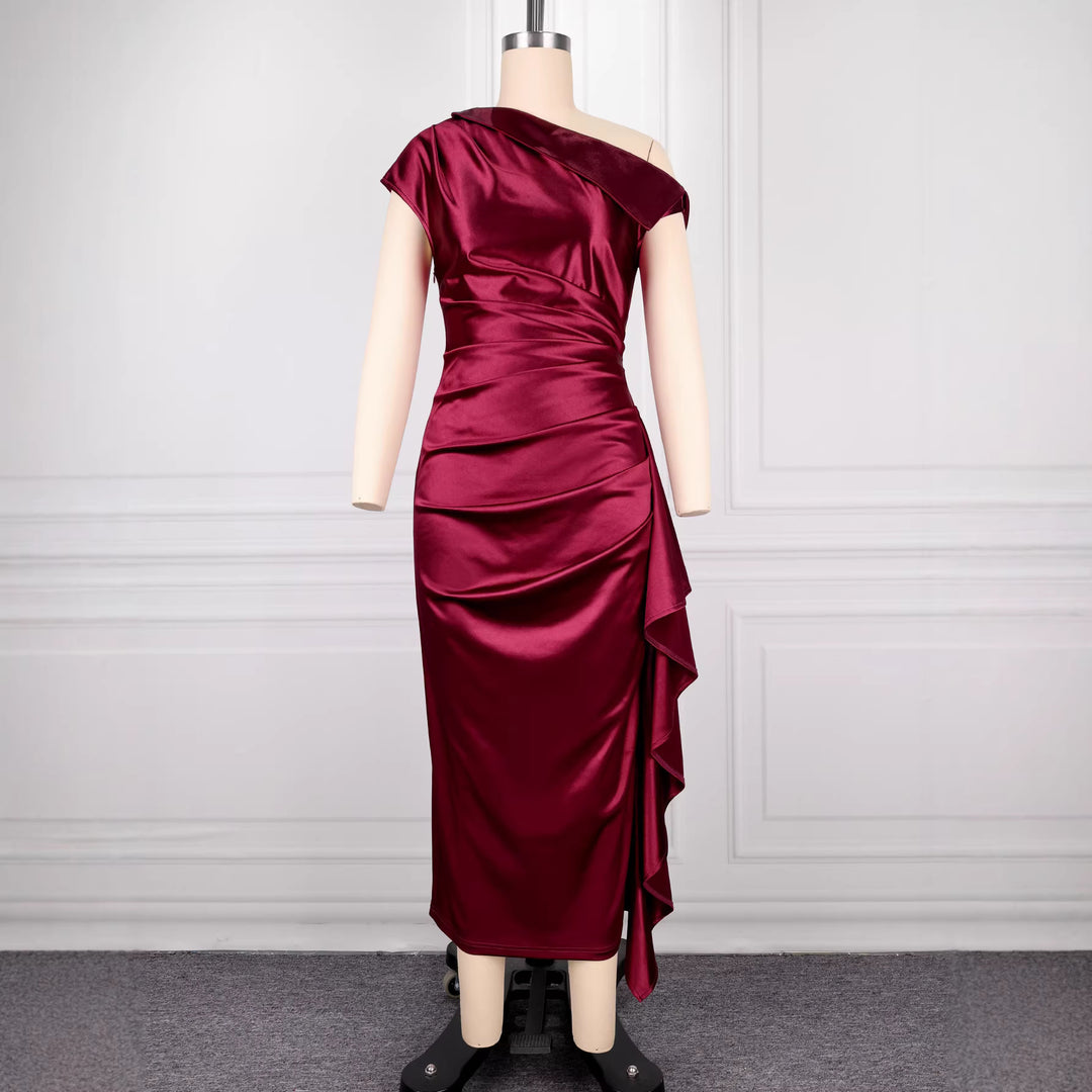 Damen elegantes Satin Abendkleid mit asymmetrischen Rüschendetails EB