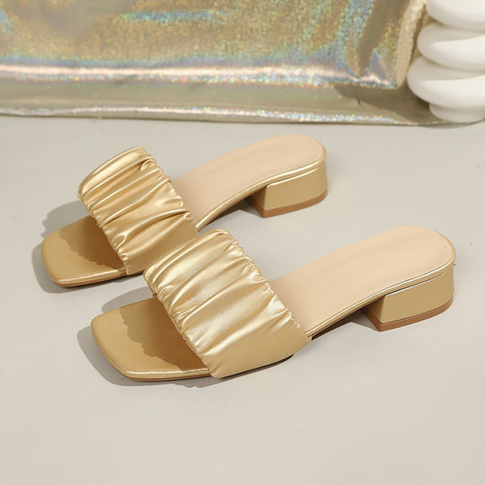 Damen Slip-On Sandalen mit modischem Falten-Design und bequemer Blockabsatz EB