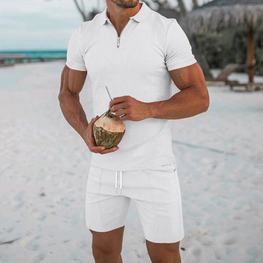 Herren lässiges Kurzarm-Set mit strukturiertem Polo und modischen Shorts EB