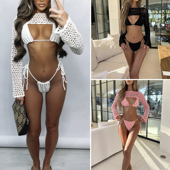Damen Häkel-Bikini-Set mit langärmliger transparentem Oberteil und hohem Beinausschnitt EB