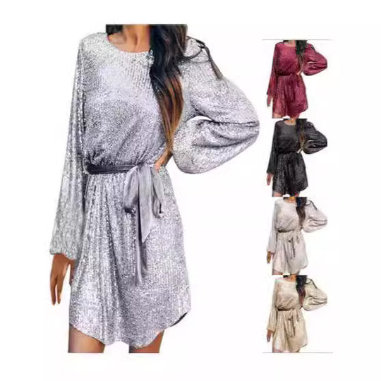 Damen glamouröses Pailletten-Minikeid mit tailliertem Schnitt und schimmerndem Effekt EB
