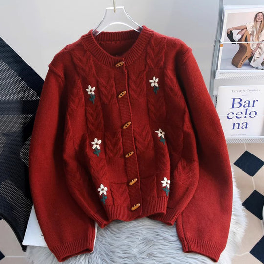 Damen Strickjacke mit floralem Zopfmuster und Holzknöpfen EB
