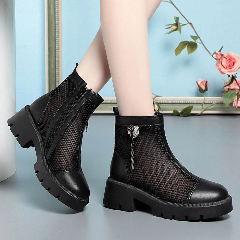 Damen Mesh-Stiefeletten mit robustem Blockabsatz und elegantem Schmuckdetail EB