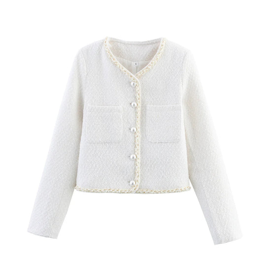 Damen elegante Kurzarmpulloverjacke mit perlverzierten Knöpfen und aufgesetzten Taschen EB