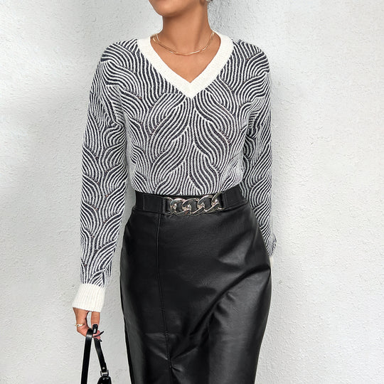 Damen Strickpullover mit Wellenmuster und V-Ausschnitt EB