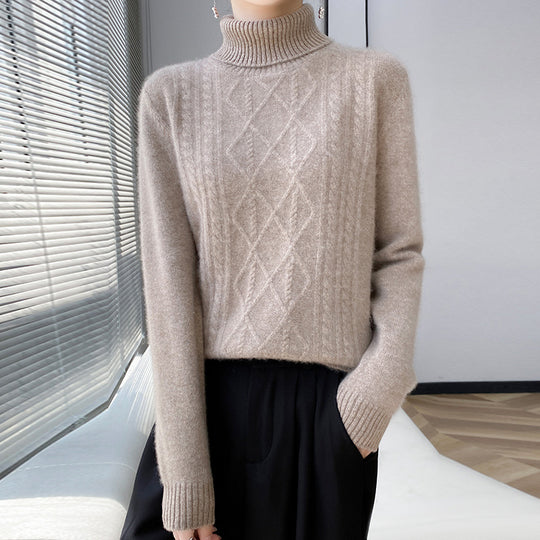 Damen Strickpullover mit hoch geschlossenem Kragen und Zopfmuster EB