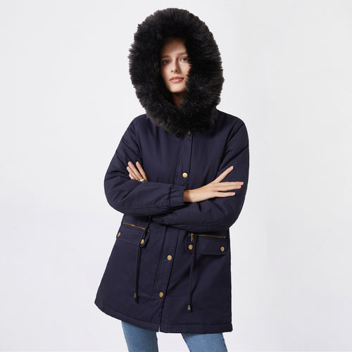 Damen warme Steppjacke mit abnehmbarem Kunstfellkragen EB