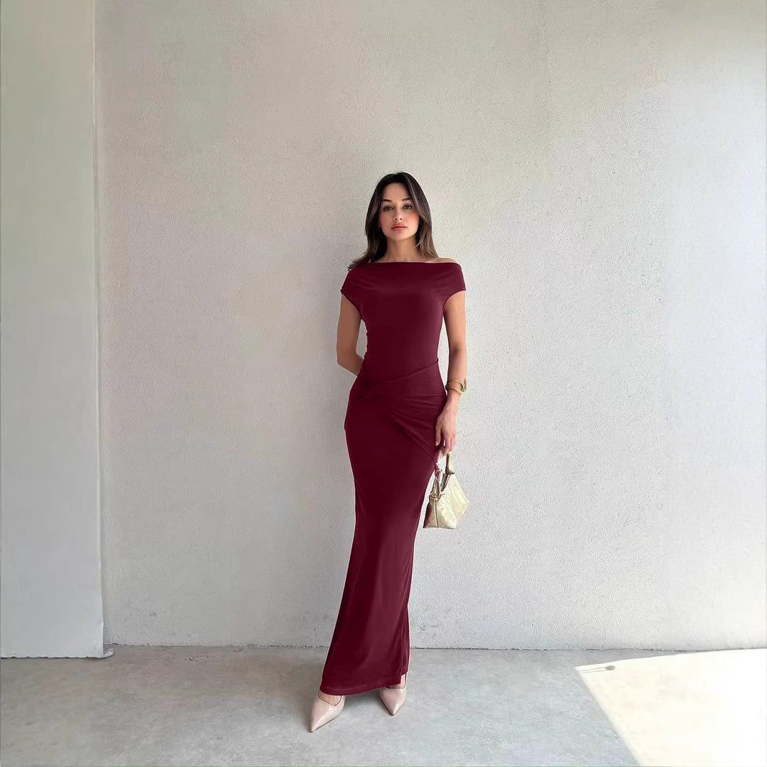 Damen Elegantes Maxikleid mit Off-Shoulder Design und dekorativer Raffung EB