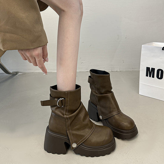 Damen modische Chunky-Boots mit dekorativem Riemen und stabiler Sohle EB