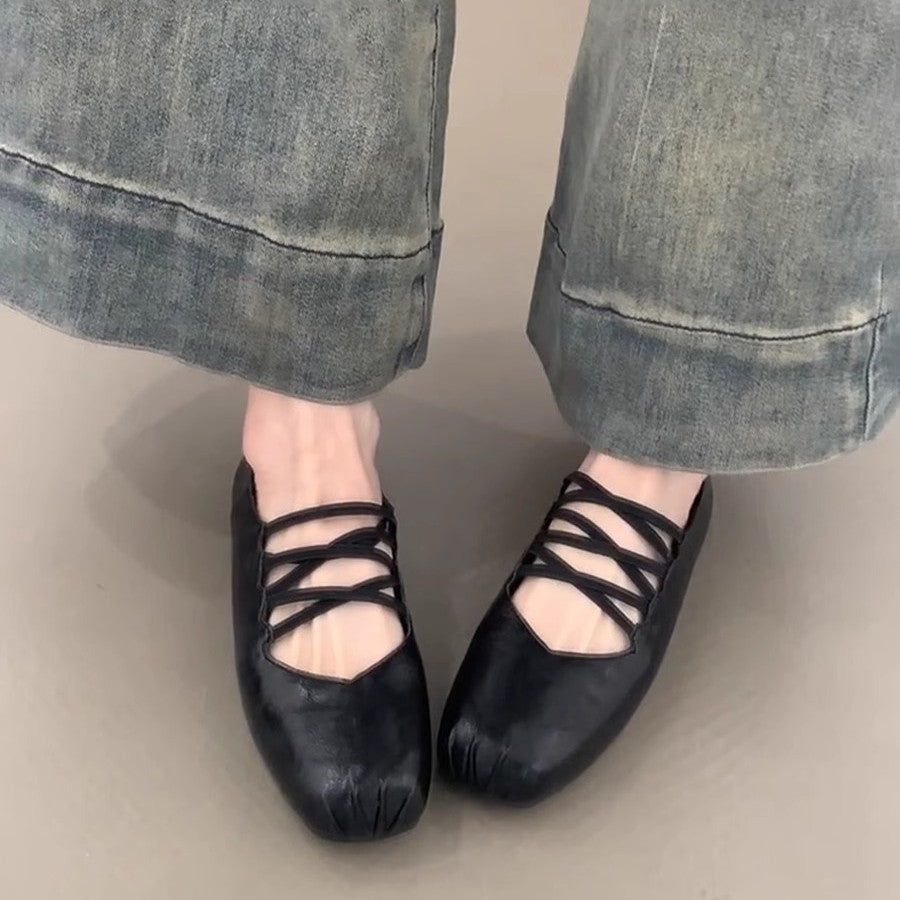 Damen Ballerina-Schuhe mit dekorativem Schnürdesign und hochwertiger Lederoberfläche EB
