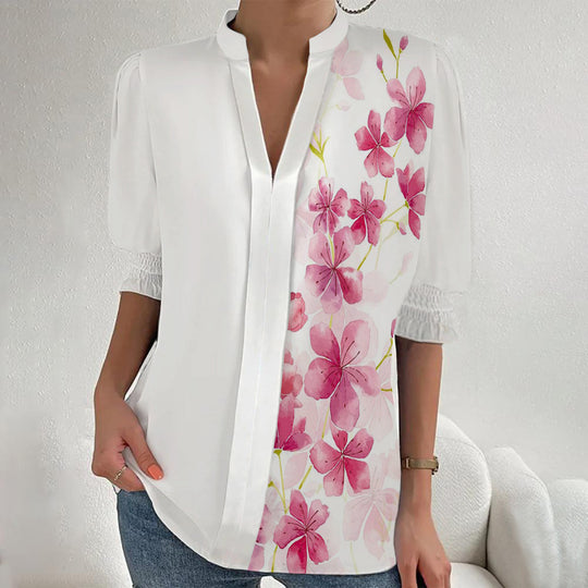 Damen Blumenprint Tunika-Bluse mit Stehkragen, geschlitzter V‑Blende und gerafften 3/4-Ärmeln EB