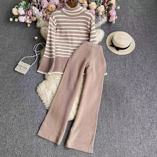 Damen elegantes gestreiftes Strickensemble mit hohem Kragen und weitem Bein EB