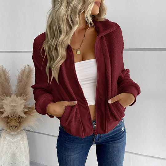 Damen Sportliche Plüschjacke mit Reißverschluss und praktischen Taschen EB