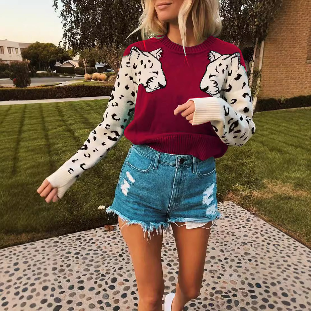 Damen modischer Strickpullover mit tierischem Motiv und farblich abgesetzten Ärmeln EB