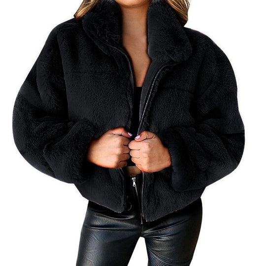 Damen nan kurze kuschelige Kunstpelzjacke mit Stehkragen und Reißverschluss EB