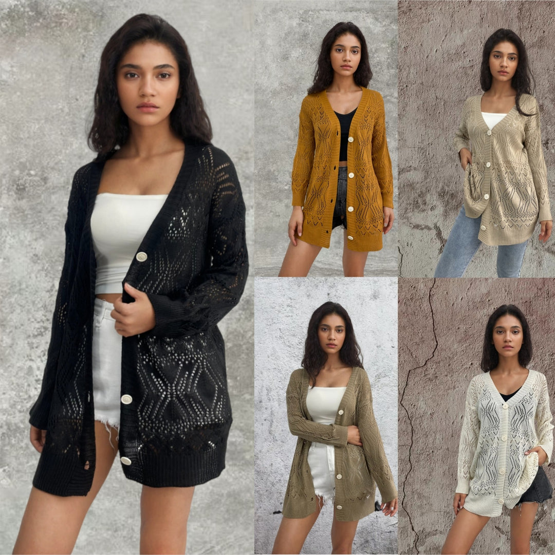 Damen Strickjacke mit feinem Lochmuster und eleganten Knopfdetails EB
