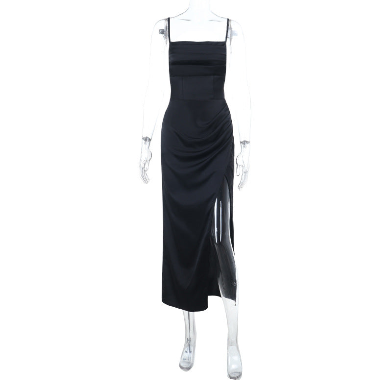Damen elegantes Maxikleid mit Raffung und seitlichem Schlitz EB