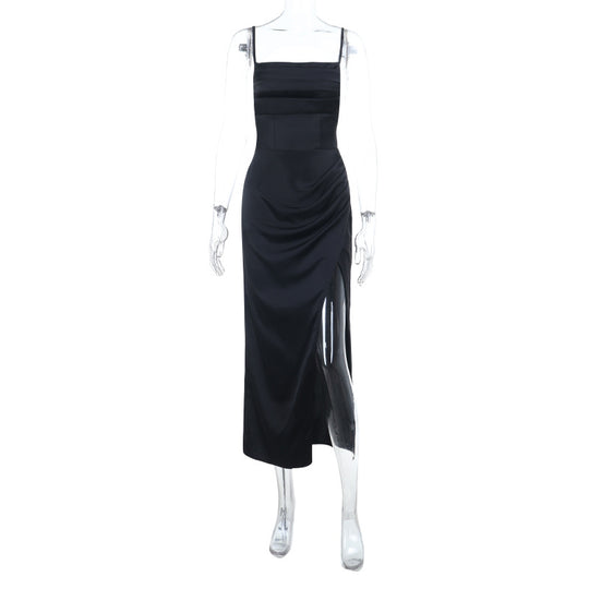 Damen elegantes Maxikleid mit Raffung und seitlichem Schlitz EB