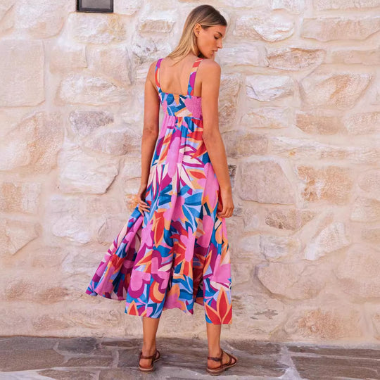 Damen Maxikleid mit Blumenmuster und verstellbaren Spaghettiträgern EB