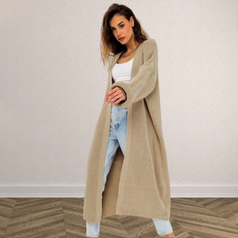 Damen Langer gestrickter Cardigan mit lässigem Schnitt und strukturierter Textur EB