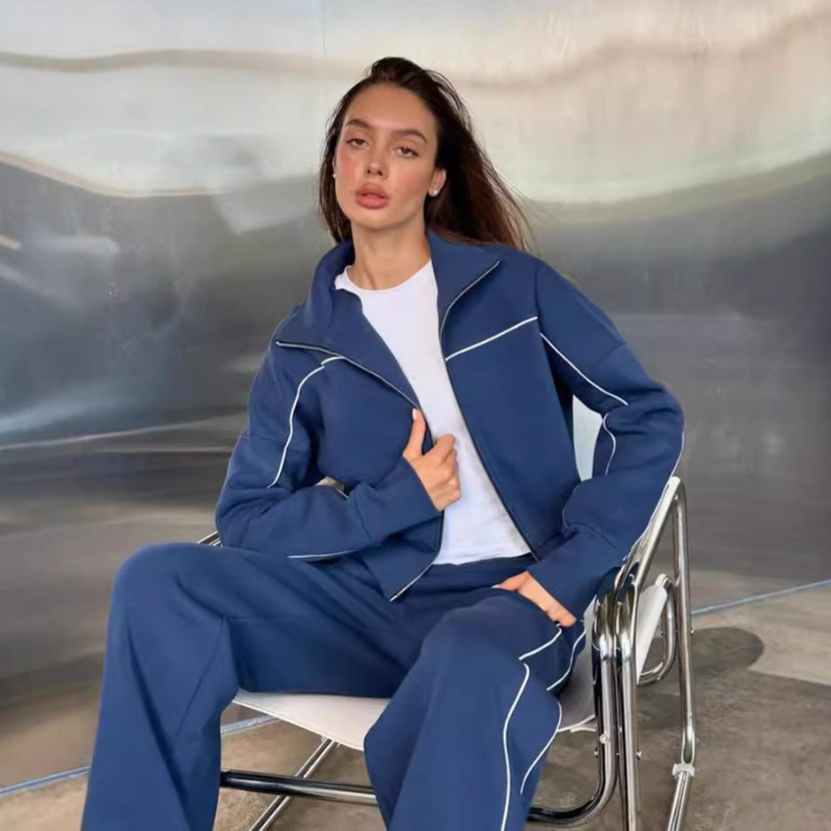 Damen nan zweiteiliges Sport-Loungewear-Set mit Stehkragen und Kontrastpaspel EB