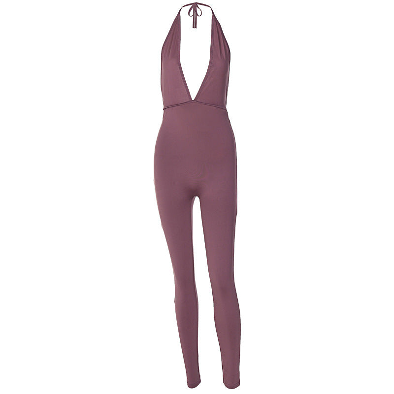 Damen eleganter Jersey-Einteiler mit tiefem Ausschnitt und Bindebändern EB