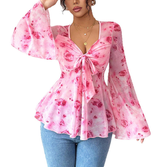 Damen Chiffonbluse mit Bindeknoten, V‑Ausschnitt und ausgestellten Glockenärmeln EB