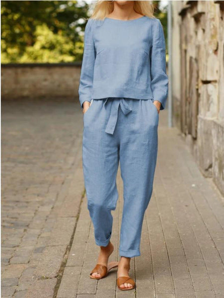 Damen Lässiges Leinen-Loungewear-Set mit Rundhalsausschnitt, Bindegürtel und knöchellanger Hose EB