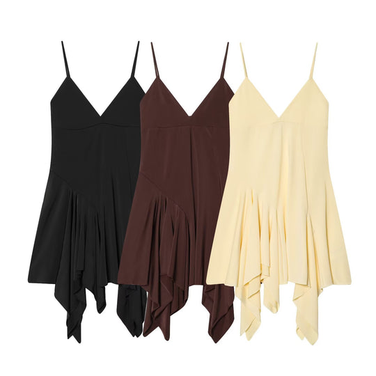 Damen fließendes Spaghetti-Trägerkleid mit asymmetrischem Saum und elegantem Faltenwurf EB