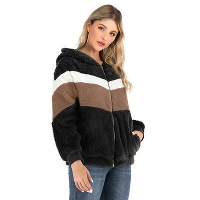 Damen Fleecejacke mit kontrastierenden Streifen und Kapuze EB