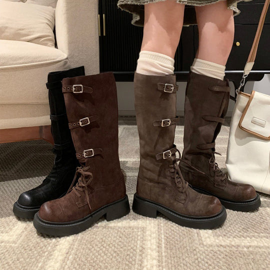 Damen Modische Overknee-Stiefel mit robustem Plateau und dekorativen Schnallen EB