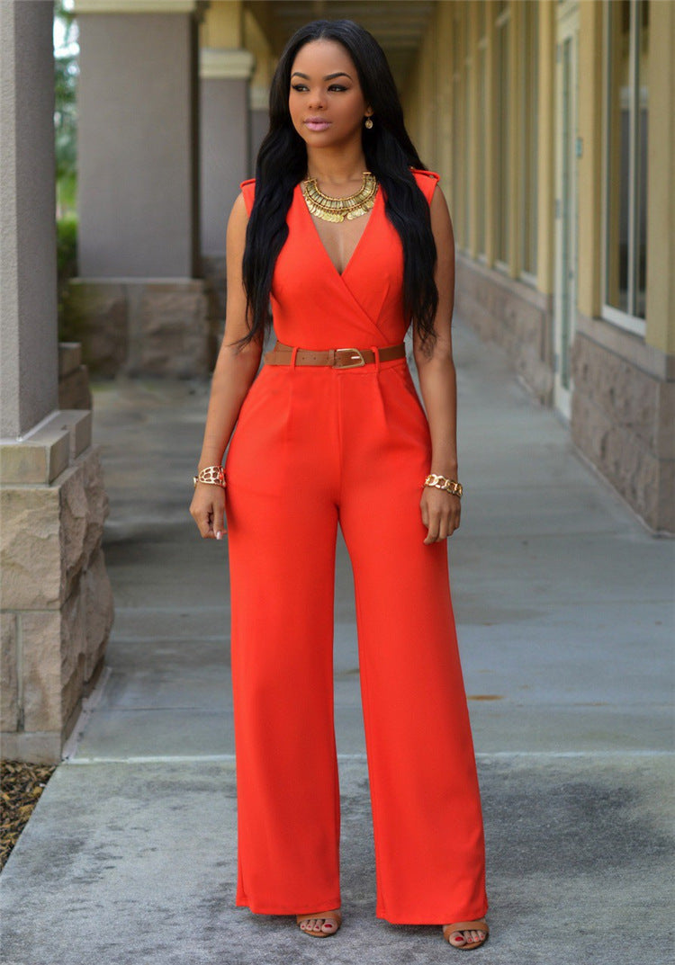 Damen Eleganter Wickel-Jumpsuit mit weitem Bein und Taillengürtel EB