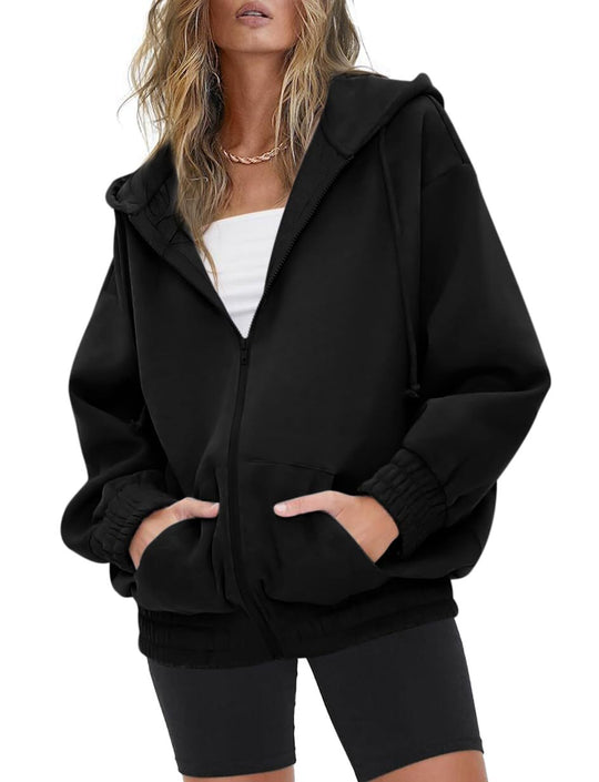 Damen nan oversized Kapuzenjacke mit Reißverschluss, Fleece-Futter und Kängurutaschen EB