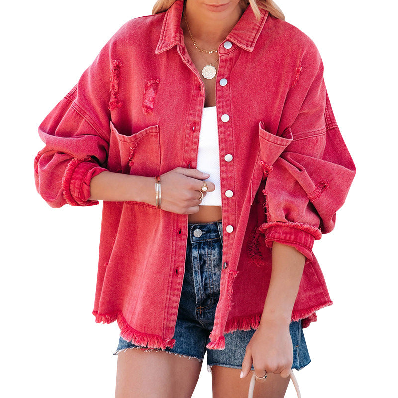 Damen Oversized Denim-Bluse mit Fransen EB