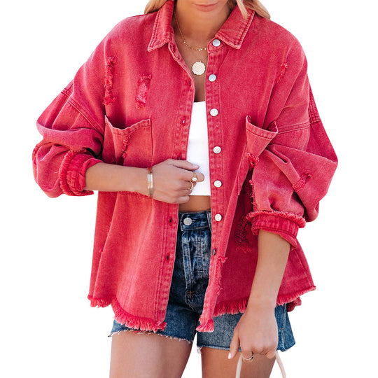 Damen Oversized Denim-Bluse mit Fransen EB