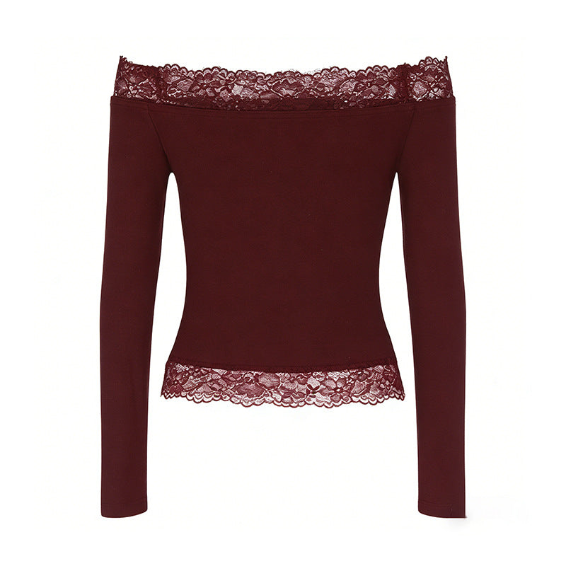 Damen elegantes Off-Shoulder Shirt mit Spitzenbesatz EB